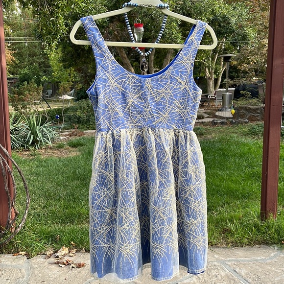 🌺 MINUET; Brand New w/Tags! Unique Blue w/Gold Overlay Party Dress; Misses XS/S - Picture 4 of 13